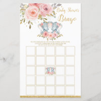 Elephant Baby Shower Bingo Game Activity Twin Girl