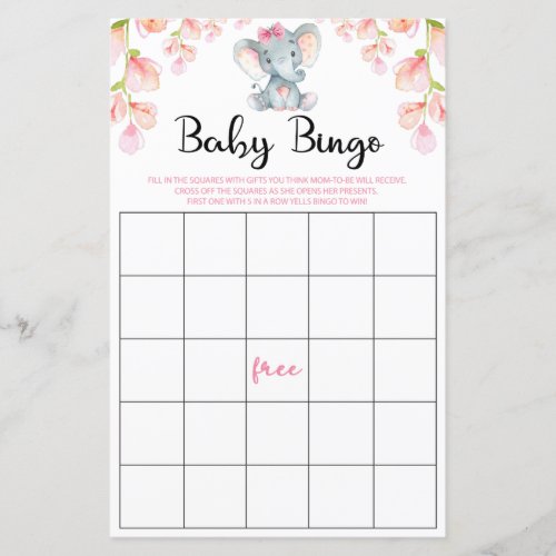 Elephant Baby Shower Bingo Game  Pink Girl