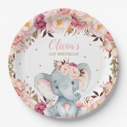 Elephant Baby Shower Birthday Blush Floral 9  Paper Plates