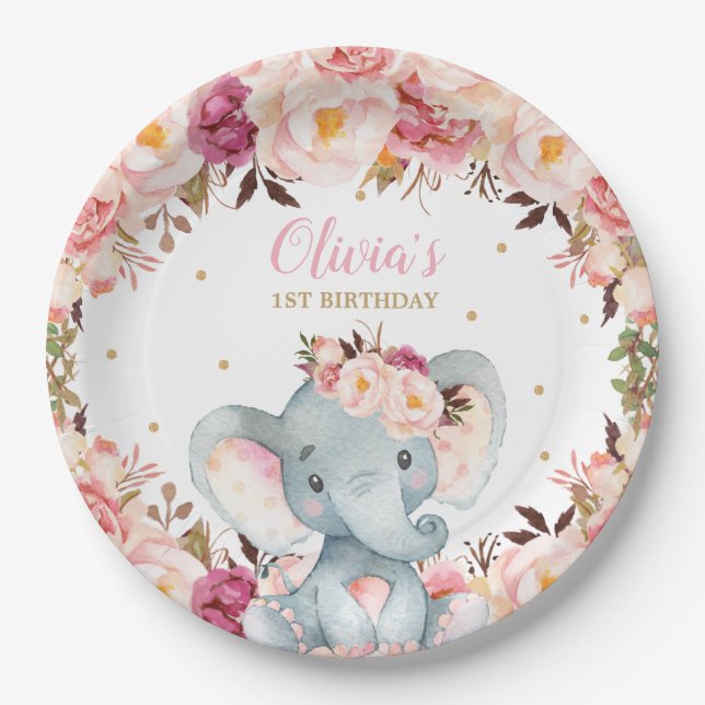 Elephant Baby Shower Birthday Blush Floral 9"  Paper Plates (Front)