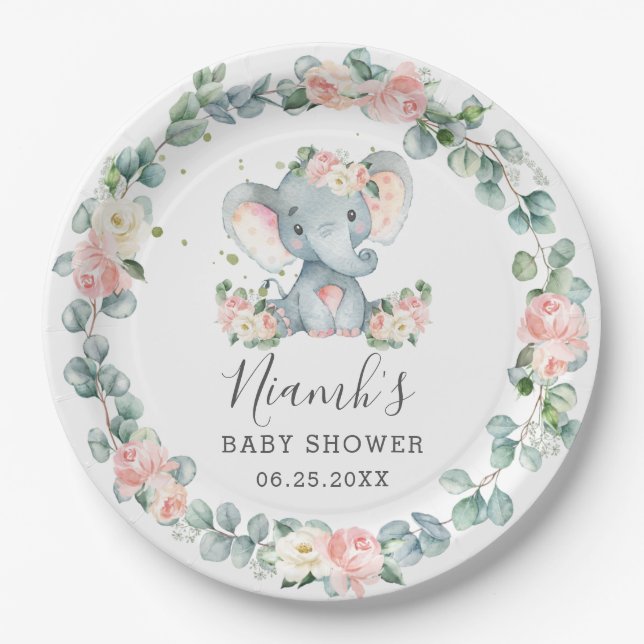 Elephant Baby Shower Birthday Floral Greenery Girl Paper Plates (Front)