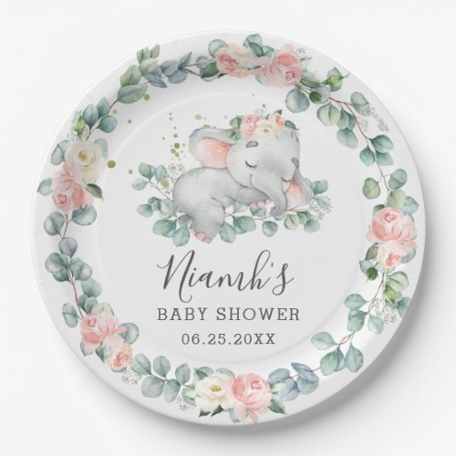 Elephant Baby Shower Birthday Floral Greenery Girl Paper Plates
