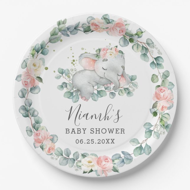 Elephant Baby Shower Birthday Floral Greenery Girl Paper Plates (Front)