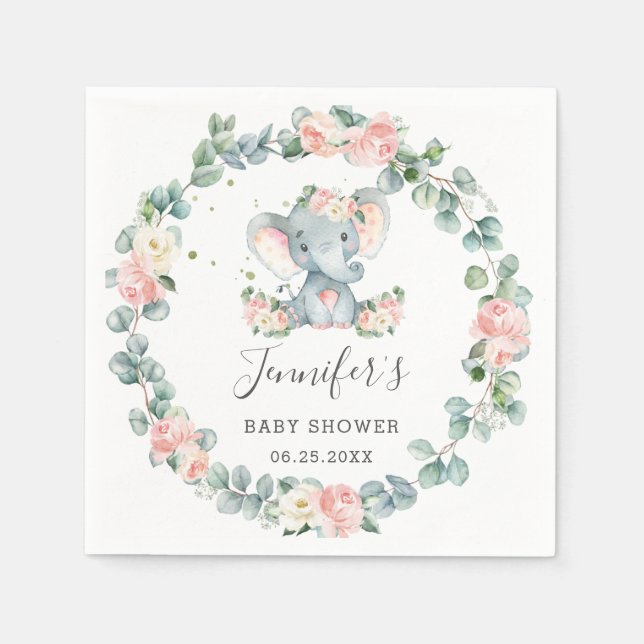 Elephant Baby Shower Birthday Pink Floral Greenery Napkins (Front)
