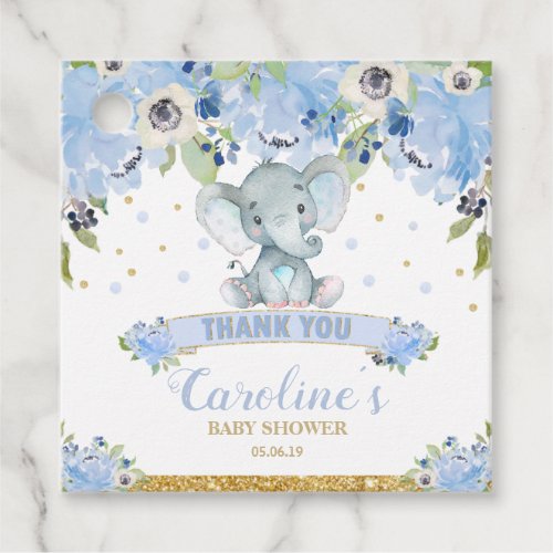 Elephant Baby Shower Blue Floral Boy Thank You Favor Tags