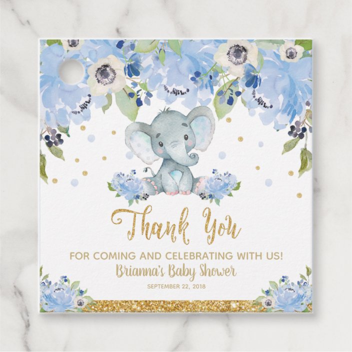 Elephant Baby Shower Blue Floral Boy Thank You Favor Tags