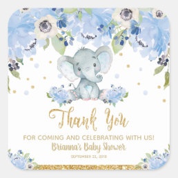 Elephant Baby Shower Blue Floral Thank You Favor Square Sticker