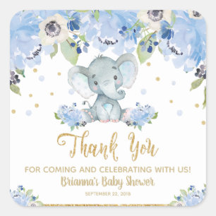 Elephant Baby Shower Blue Floral Thank You Favor Square Sticker