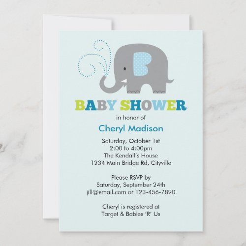 Elephant Baby Shower - Blue Personalized Invite