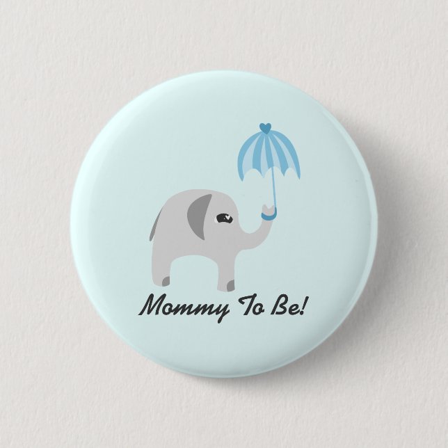 Elephant Baby Shower Blue Umbrella Pinback Button (Front)