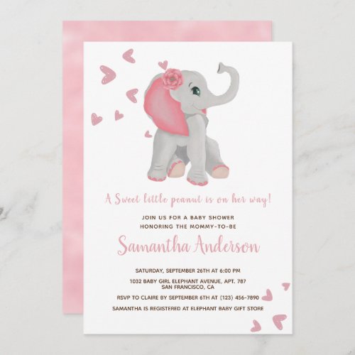 Elephant Baby Shower Blush Pink Floral Watercolor  Invitation