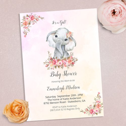 Elephant Baby Shower Boho Chic Coral Watercolor Invitation