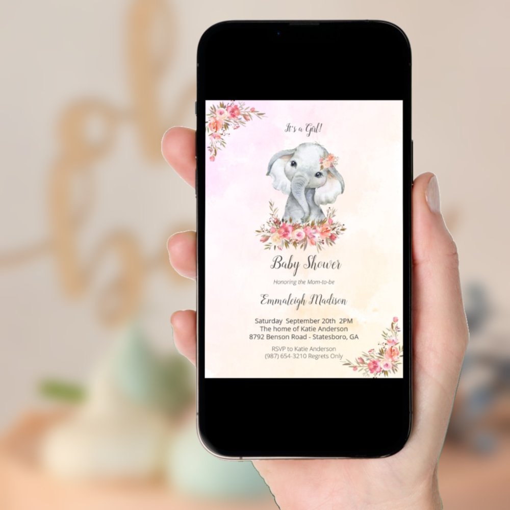 Elephant Baby Shower Boho Chic Coral Watercolor Invitation