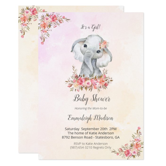 Elephant Baby Shower Boho Chic Coral Watercolor Invitation Zazzle