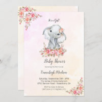 Elephant Baby Shower Boho Chic Coral Watercolor Invitation