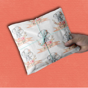 Elephant Baby Shower Boho Chic Coral Watercolor Tissue Paper