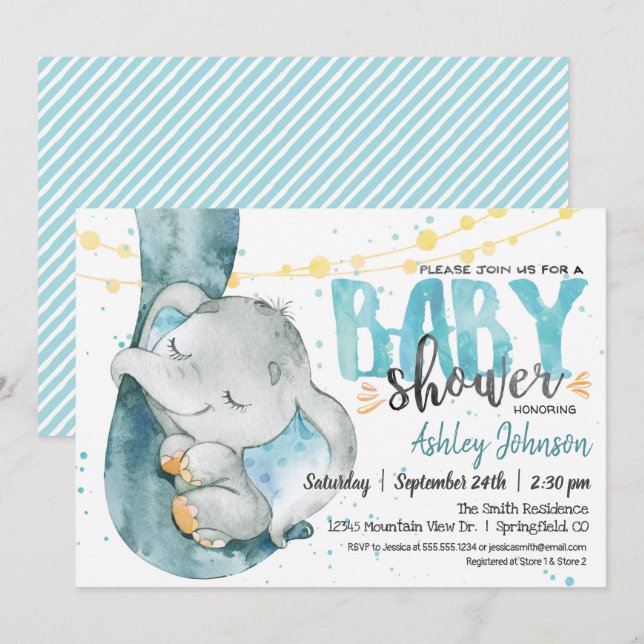 Elephant Baby Shower Boy, Blue Invitation (Front/Back)