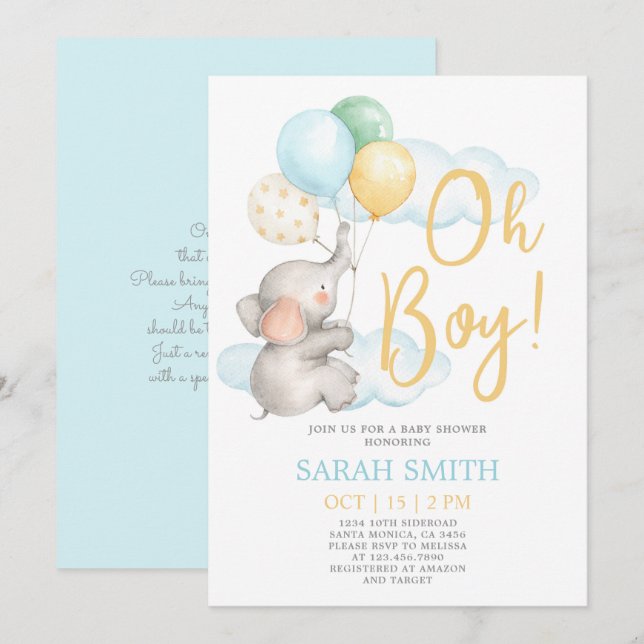 Elephant Baby Shower boy Invitation (Front/Back)