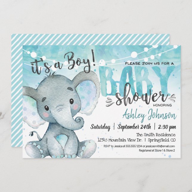 Elephant Baby Shower Boy Invitation (Front/Back)