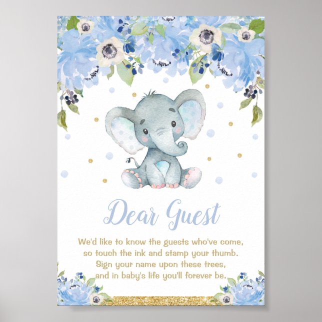 Elephant Baby Shower Boy Thumbprint Guestbook Sign (Front)