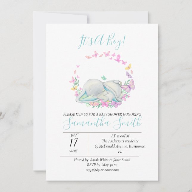 Elephant Baby Shower Butterflies Invitation (Front)