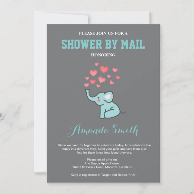 Elephant Baby Shower by Mail Aqua and Gray Invitation (Front)
