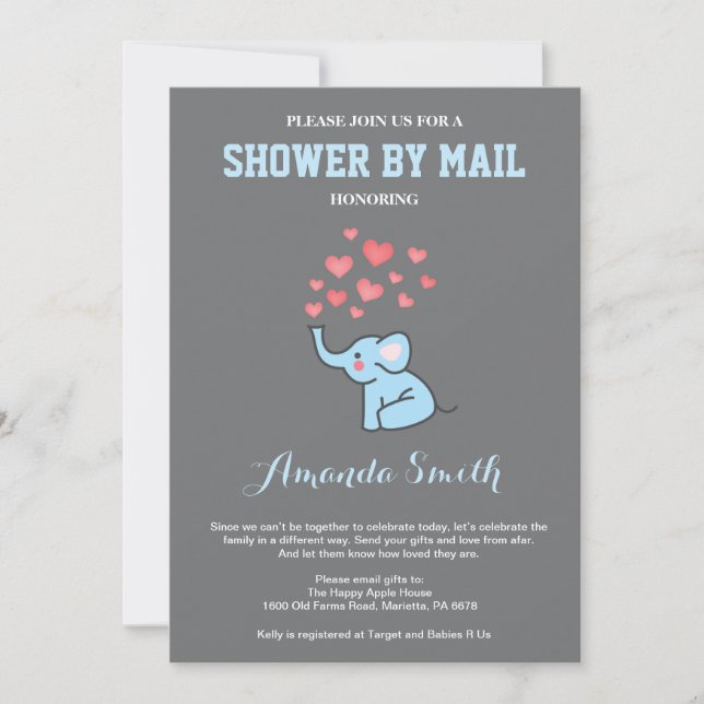 Elephant Baby Shower by Mail Blue and Gray Invitation (Front)
