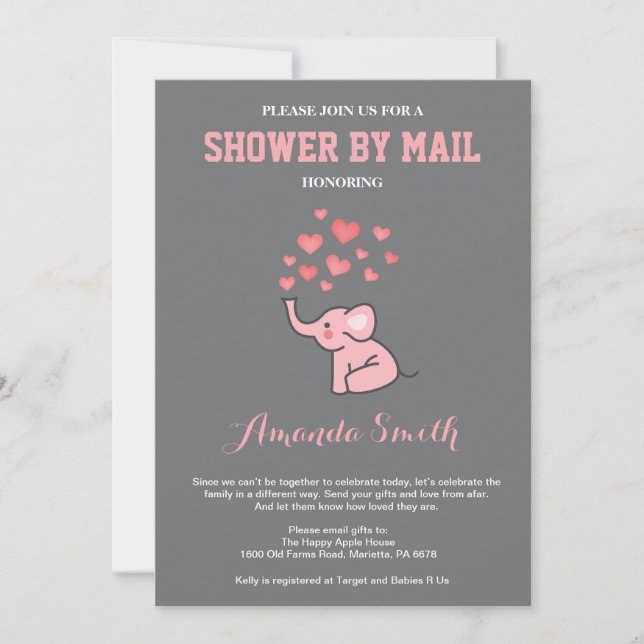 Elephant Baby Shower by Mail Pink and Gray Invitation (Front)
