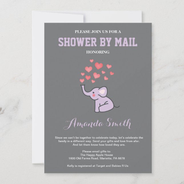Elephant Baby Shower by Mail Purple and Gray Invitation (Front)