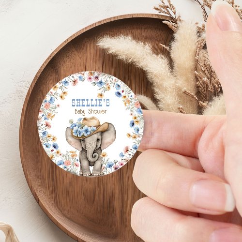 Elephant Baby Shower Cowboy Hat Boho Wildflowers Classic Round Sticker