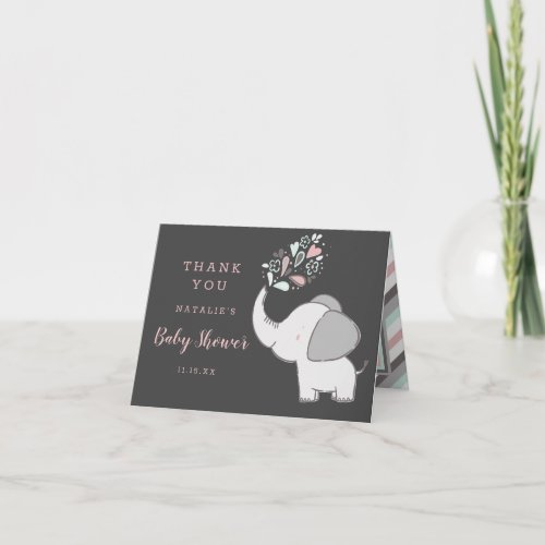 Elephant Baby Shower Cute Pink  Gray Thank You Note Card