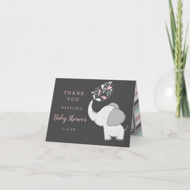Elephant Baby Shower Cute Pink & Gray Thank You Note Card (Front)