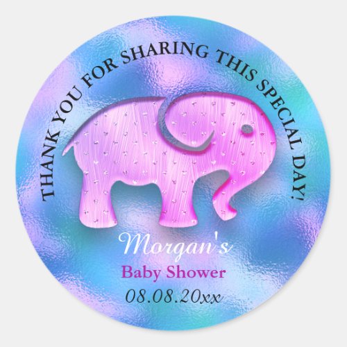 Elephant Baby Shower Favor Thank Holograph Blue Classic Round Sticker