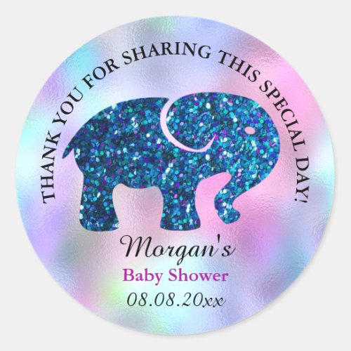 Elephant Baby Shower Favor Thank Holograph Blue Classic Round Sticker