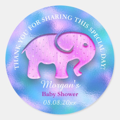 Elephant Baby Shower Favor Thank Holograph Pink Classic Round Sticker