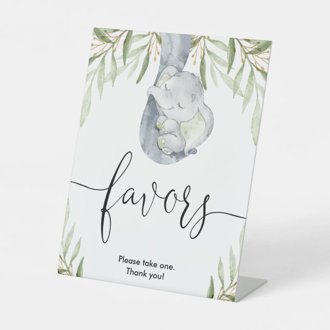 Elephant baby shower favors sign greenery gold  (Front)