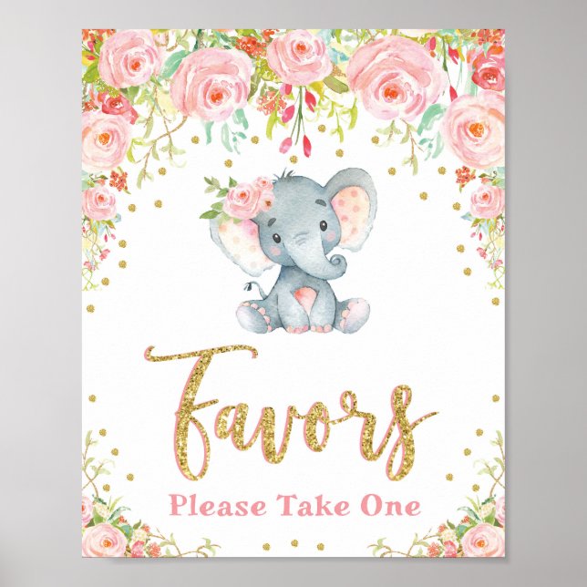 Elephant Baby Shower Favors Sign Pink Roses Girly (Front)