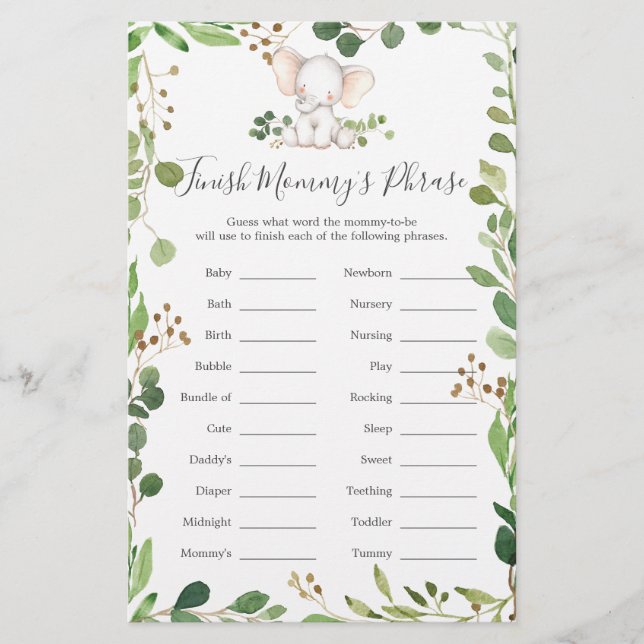 Elephant Baby Shower Finish Mommy's Phrase (Front)