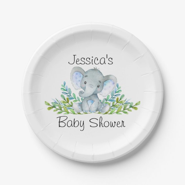 Elephant Baby Shower, First Birthday Party Paper Plates (Front)