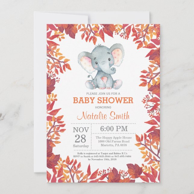 Elephant Baby Shower Floral Fall Autumn Invitation (Front)