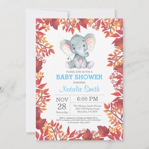 Elephant Baby Shower Floral Fall Autumn Invitation