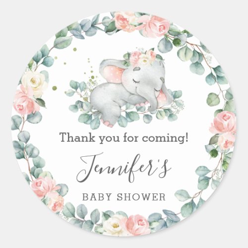 Elephant Baby Shower Floral Greenery Thank You Classic Round Sticker
