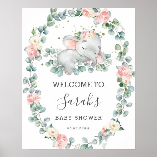 Elephant Baby Shower Floral Greenery Welcome Poster