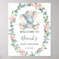 Elephant Baby Shower Floral Greenery Welcome Poster