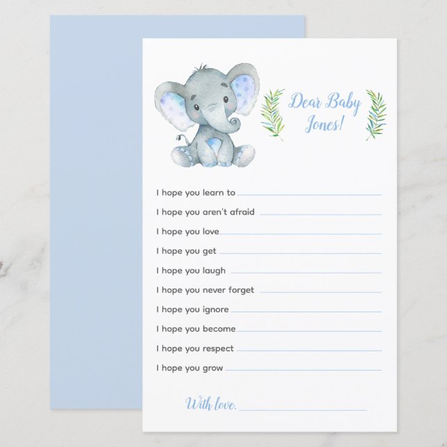 Elephant Baby Shower Game Dear Baby Wishes (Front/Back)