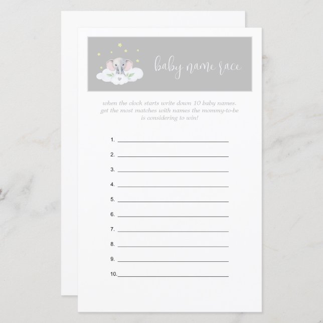 Elephant Baby Shower Game Guessing Game Grey (Front/Back)