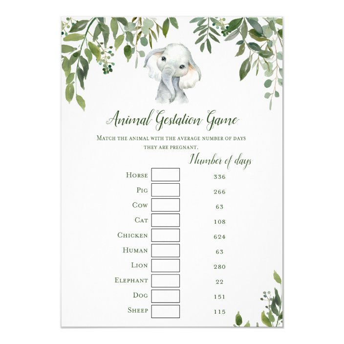 Elephant Baby Shower Game W Answer Back 5x7 Size Invitation