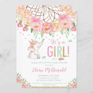 Elephant Baby Shower Girl Boho Pink Mint Floral Invitation