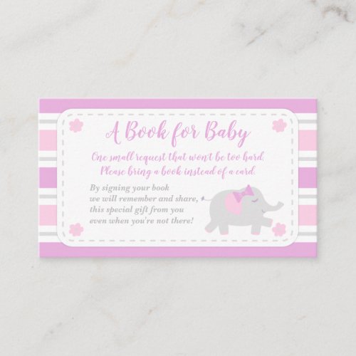 Elephant Baby Shower Girl Bring A Book  Pink Enclosure Card
