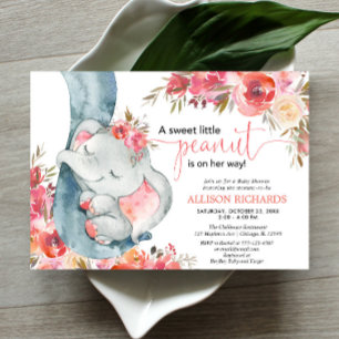Elephant baby shower girl coral floral watercolos invitation
